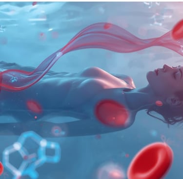 Человек спокойно лежит в воде с закрытыми глазами, вокруг изображены красные кровяные клетки и молек