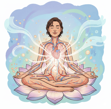 женщина с закрытыми глазами в спокойной позе, внутри её тела показаны лёгкие, сердце и кровеносные с