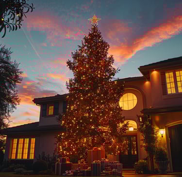 a christmas tree in front of a house with a christmas tree