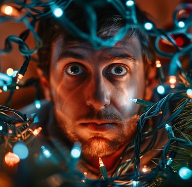 A man with with tangled Christmas lights