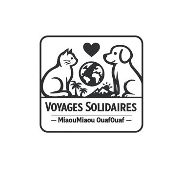 Line art logo for Voyages Solidaires featuring a cat, a dog, and a globe representing pet-friendly travel.