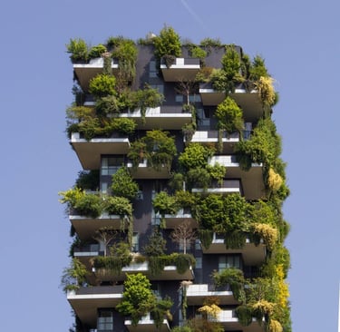 modern high rise building with plants growing symbiotically