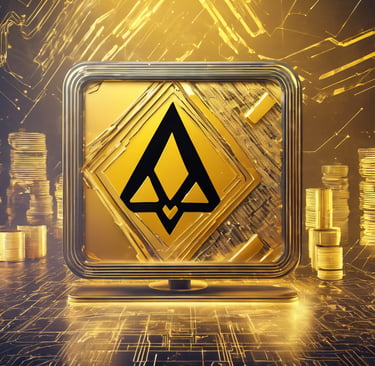 a golden bit coin sitting on top of a table