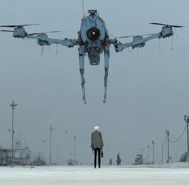 Homme dans une rue deserte face à un bot géant
