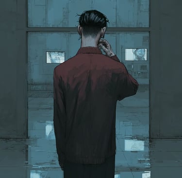 Robert 2 dos dans une couloir, lui-meme surveillé sur écran