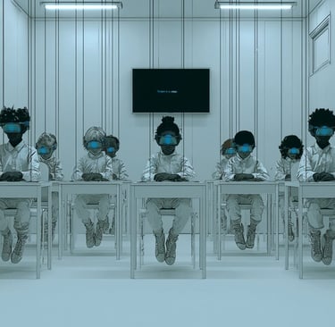 Enfants sages assis à leur table de classe, une lunette optique cache leur regard.