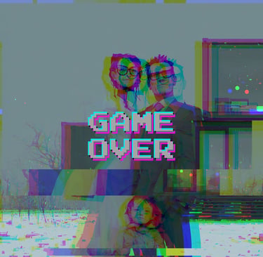 Une famille type heureuse du rêve americain barrée par le picto "Game over"