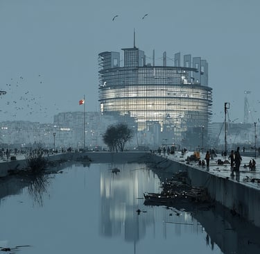 Siège de la Commission Européenne dans un futur pollué.