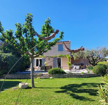 Jardin d'une luxueuse villa en Provence, pelouse verdoyante et