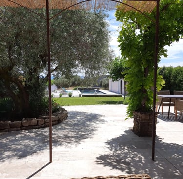 Terrasse ombragée en pierre avec mobilier de jardin donnant sur une piscine luxueuse et des oliv