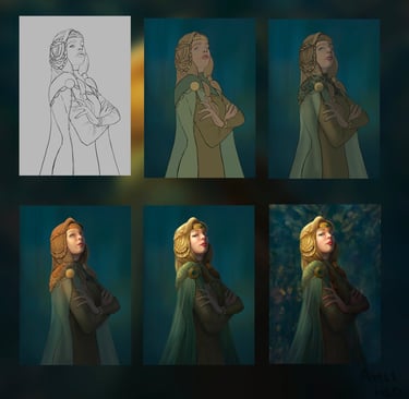 process femme noble medieval vert et jaune, amel hed, character art process, fantasy, celtique