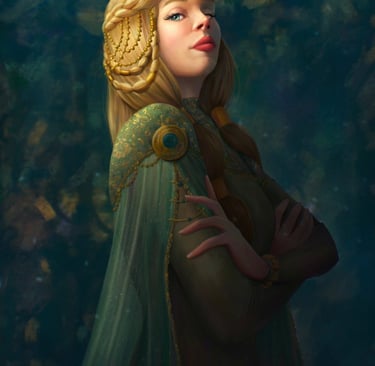 Illustration d'une femme noble avec des tresses, artiste fantasy medieval, character art pour auteur