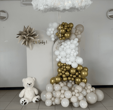 coin photo avec une arche de ballon et le nuage révélateur du sexe bébé