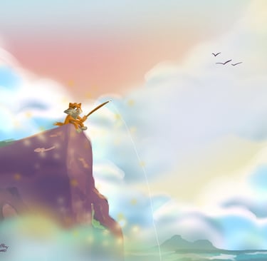 A whimsical cartoon cat illustration of a cat on an adventure fishing off of a cliff.