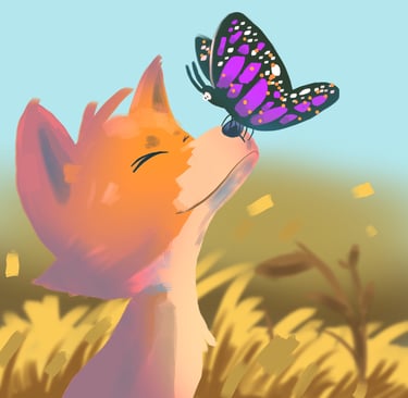 Illustration of a smiling orange fox with eyes closed, sniffing a bright purple and black butterfly,