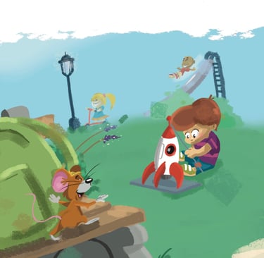 A boy in the park setting up a launch pad for a model space shuttle while a mouse watches curiously.