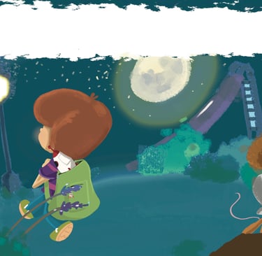 A boy walking in the park at night with a model rocket in his backpack being followed by a mouse.
