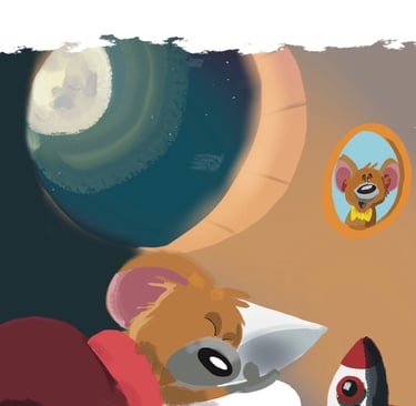 A mouse sleeping with the moon shining through his window