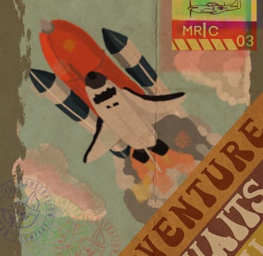A space shuttle blasting in to orbit painted on a poster that says adventure awaits.