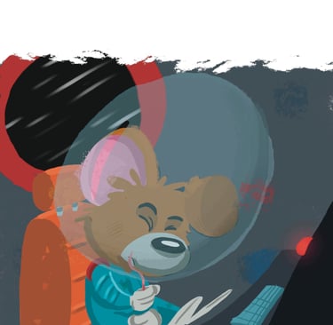 A mouse holding his tail in fear, riding in a space shuttle.