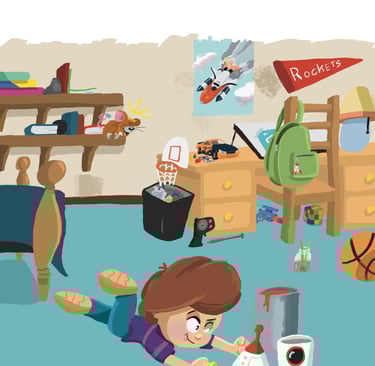 A boy in his room working on a space shuttle model while a mouse watches in the background.