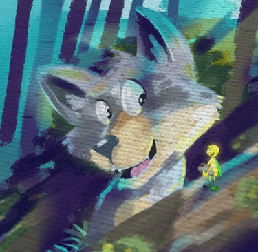 Playful painting of a cartoon wolf with wide eyes, standing in a colorful forest with blue and green