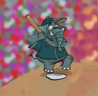 An elephant playing baseball with the number 87 on his uniform.
