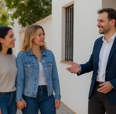 Agente inmobiliario con pareja de compradoras de vivienda en la biznaga inmobiliaria en málaga