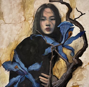 Portrait of a melancholic young woman with flowing black hair, surrounded by twisting branches and a