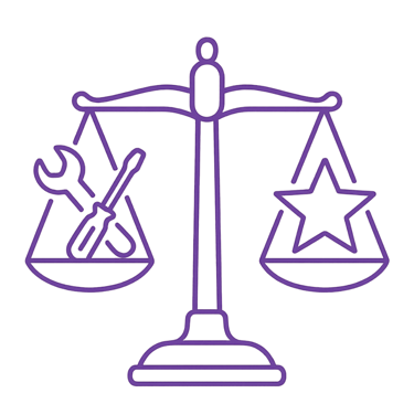 pragmatism icon depicting a set of scales with tools on one side and a star on the other