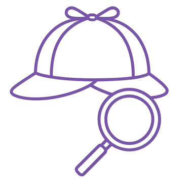 curiosity icon depicting a Sherlock Holmes style hat and magnifying glass