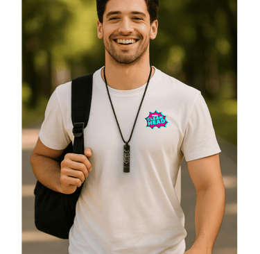 Man walks, smiling looking at camera with a back pack and a Clean Head Tube around his neck
