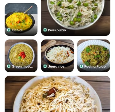 Veg peas pulao, kichidi, green moong dal khichdi, jeera rice, pudina pulao, & bagara rice in bowls.