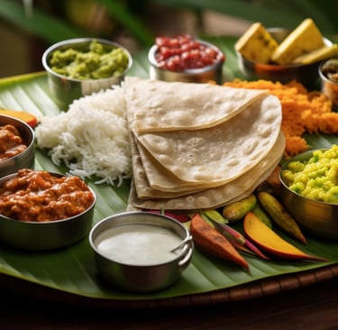 A wholesome sattvic thali featuring traditional South Indian dishes, free from onion and garlic.