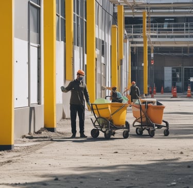 A minimalist composition featuring eco-friendly cleaning products arranged on a textured beige fabric. There's a bottle with a pump dispenser, a small packet, and two paper bags with lavender and mint green labels. The background is softly lit, creating a calm atmosphere.