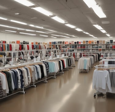 Four pieces of clothing are hung on hangers in front of a closed metal gate. Above the gate is a sign that reads 'Power Transmission and Conveying Specialists.' Various industrial graphics and names are displayed on the sign. To the side, there is an office chair and a bench.