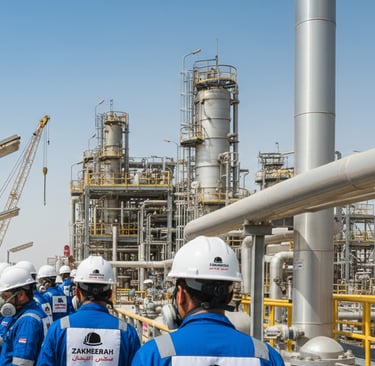 Qatar Energy safety standards followed by workers in industrial area.