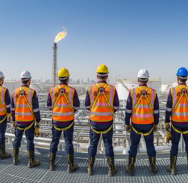 Qatar construction workers wearing helmets, vests, gloves and safety boots.