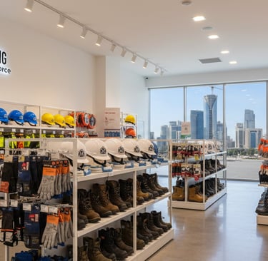 PPE store in Qatar with helmets, gloves, and safety gear.