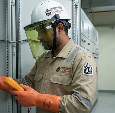 Electrical technician in Qatar wearing certified PPE for high-risk maintenance tasks.