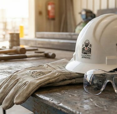 Certified PPE items with safety approval labels in Qata