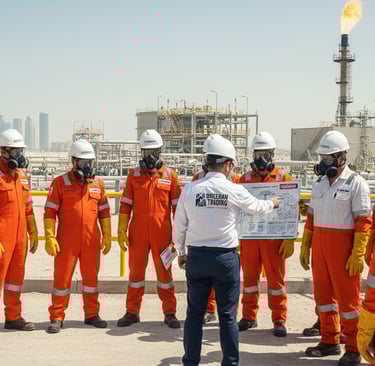 Workers applying Qatar Energy HSE standards at industrial workplaces.