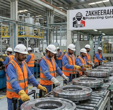 Qatar industrial workers wearing helmets, gloves, vests and safety boots.