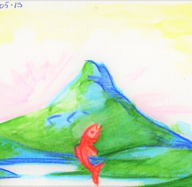 Desenho sobre Itapira, com montanhas azuladas, rio prateado e peixe vermelho, do jaum em 2019