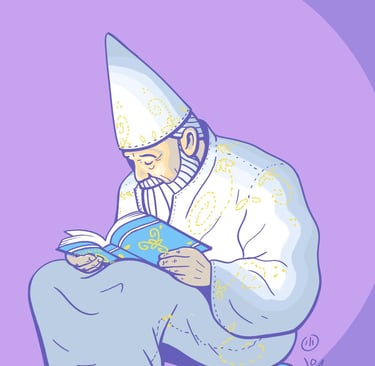 Estudo de cores e luz de druida lendo seu livro magico sentado numa ampulheta, de Jaum 2024