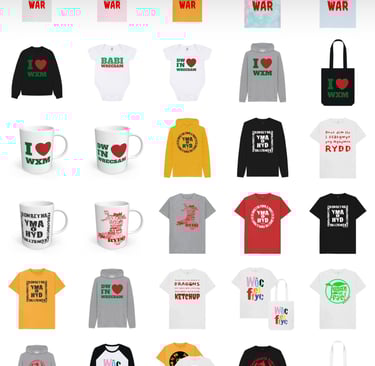 a picture of a variety of mugs, t shirts, hoodies and bags with different welsh designs on them