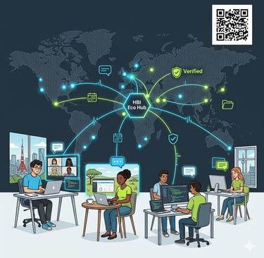 Students working remotely with global teams using laptops, maps, and digital communication tools worldwide