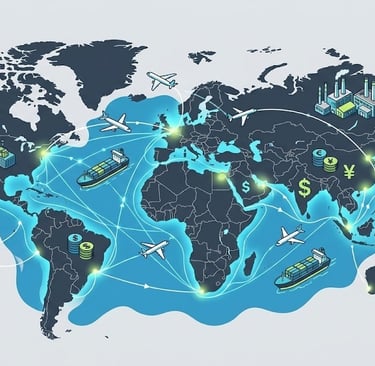 Global map showing trade routes, cargo ships, airplanes, and digital connections between international markets