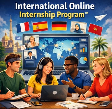 Diverse students collaborating online with global trade dashboard and world map in virtual internship setting.