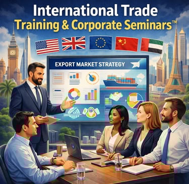 Business seminar with export strategy presentation, global flags, and executive trade training session.